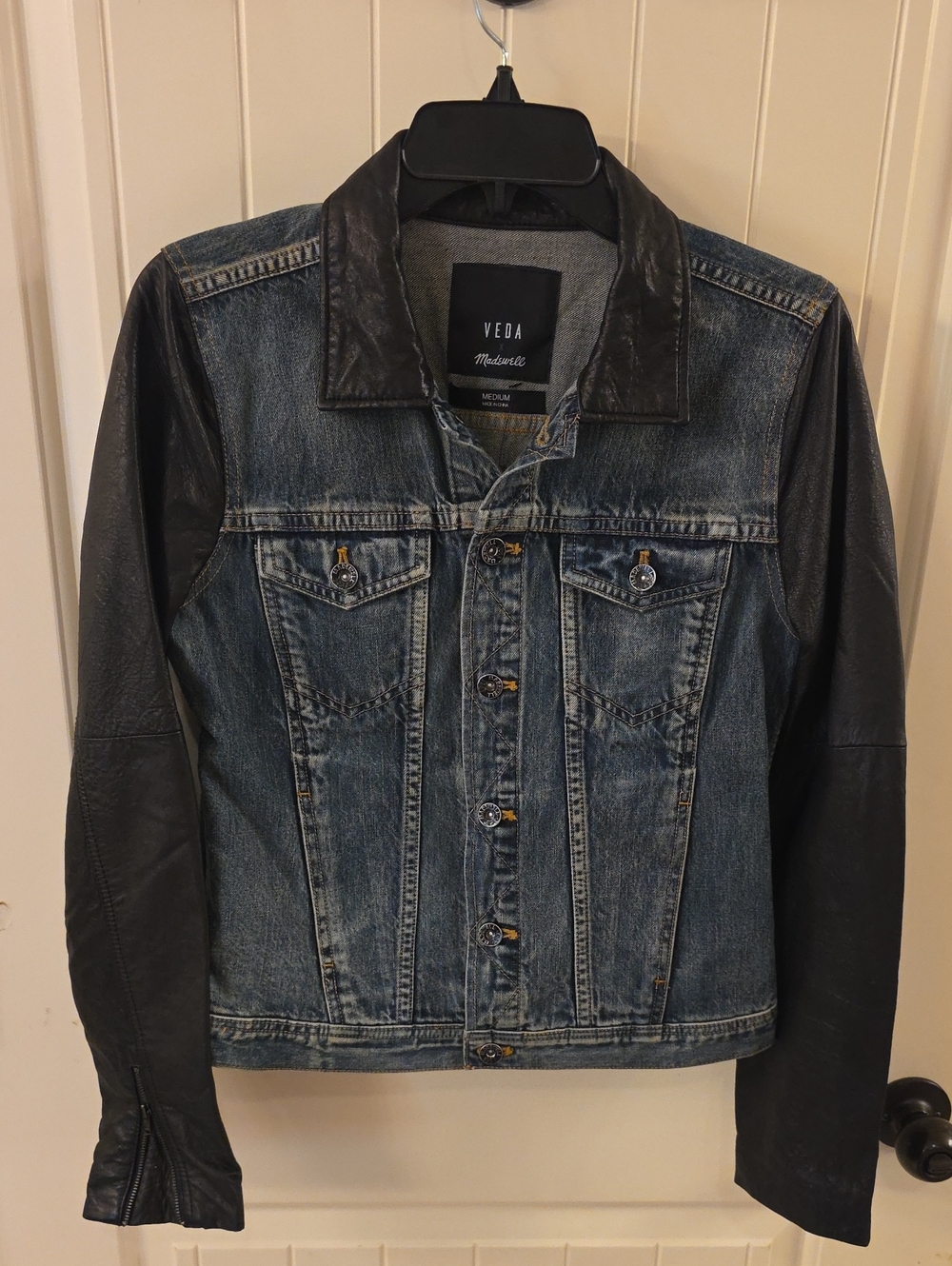 Veda Blue Denim Jacket with Black Leather Sleeves
